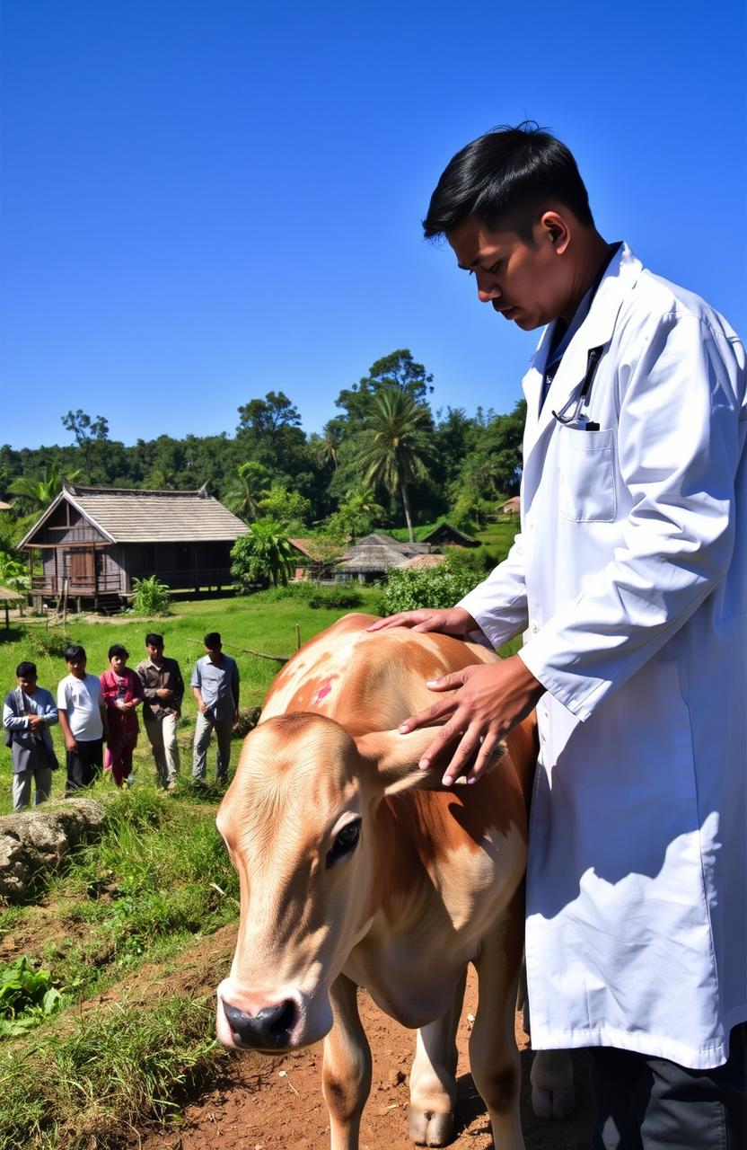 A detailed scene depicting a veterinary investigation into Lumpy Skin Disease (LSD) in cattle, set in the village of Padang Pengrapat, Kecamatan Tana Grogot, Kabupaten Paser