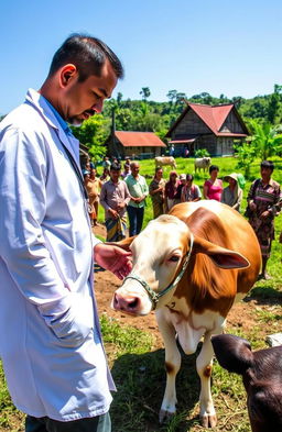 A detailed scene depicting a veterinary investigation into Lumpy Skin Disease (LSD) in cattle, set in the village of Padang Pengrapat, Kecamatan Tana Grogot, Kabupaten Paser