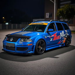 A blue 2001 VW Passat R36 wagon styled as a drift car, featuring black fender flares and a vibrant drifting livery