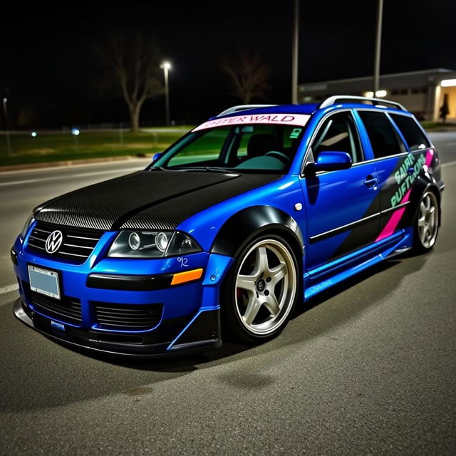 A blue 2001 VW Passat R36 wagon styled as a drift car, featuring black fender flares and a vibrant drifting livery