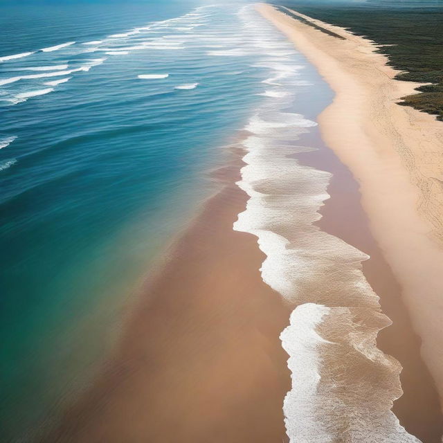 A high-resolution photo capturing a serene beach coast where a river flows into the sea