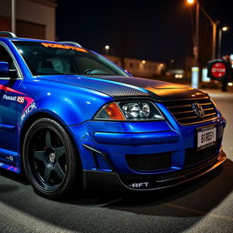 A blue 2001 VW Passat R36 wagon styled as a drift car, featuring black fender flares and a vibrant drifting livery