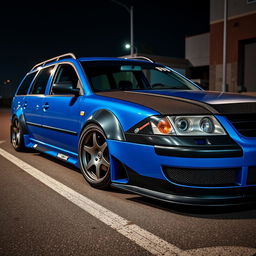 A blue 2001 VW Passat R36 wagon styled as a drift car, featuring black fender flares and a vibrant drifting livery