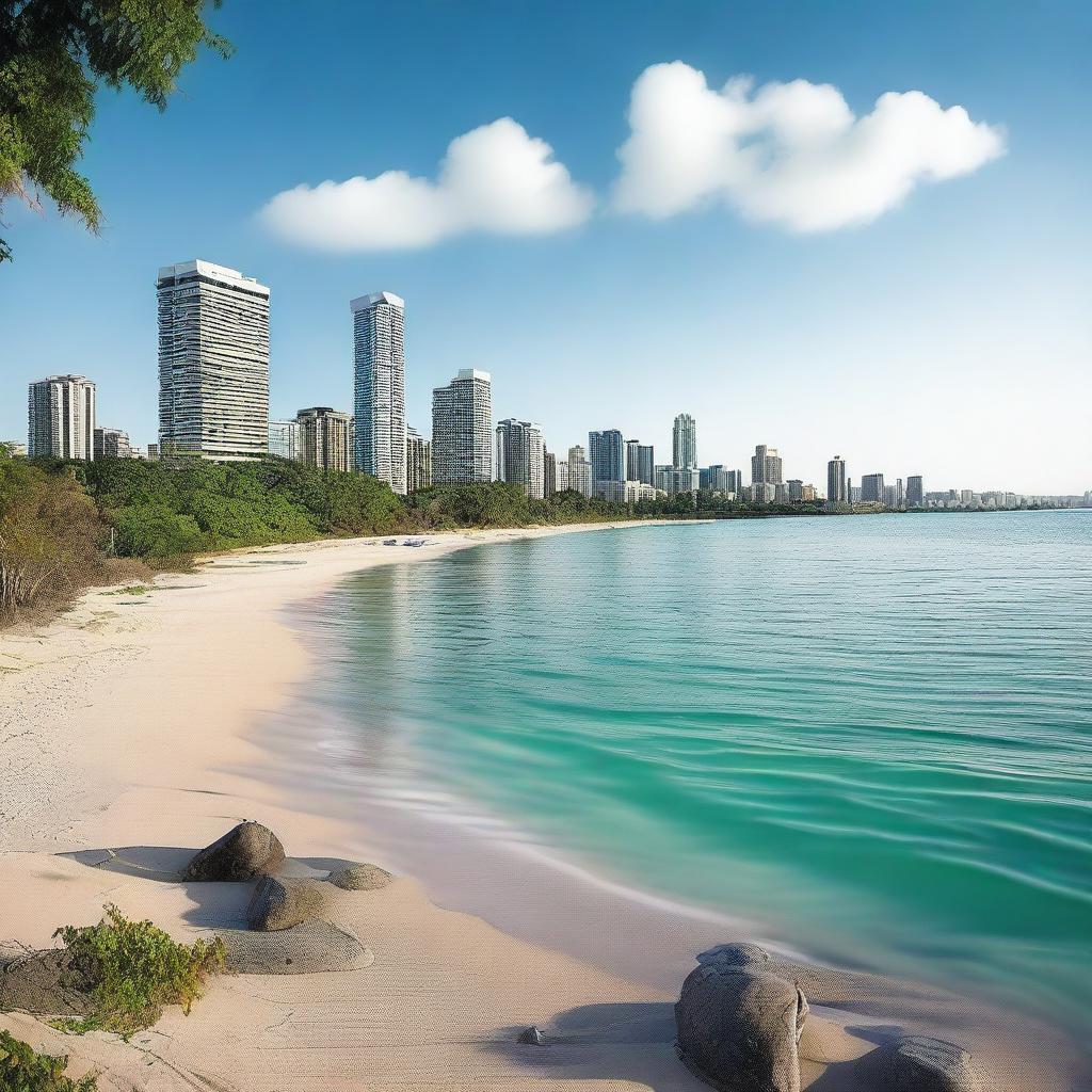 A high-resolution photo that merges a serene Jamaican beach coast where a river flows into the sea, with elements of modern Toronto architecture