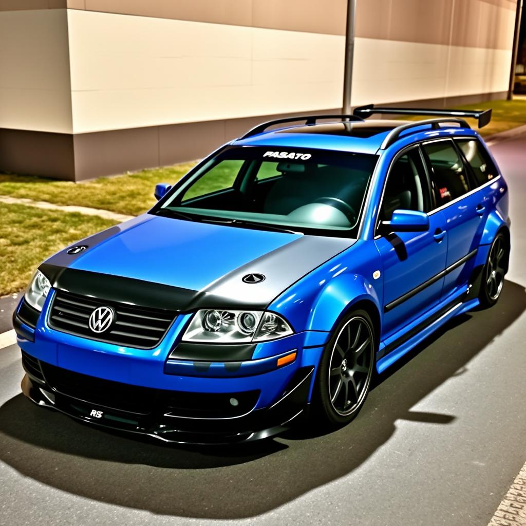 A blue 2001 VW Passat R36 wagon styled as a drift car, showcasing black fender flares, a striking drifting livery, and a carbon fiber hood