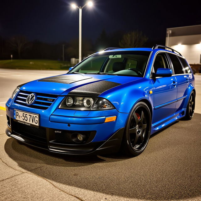 A blue 2001 VW Passat R36 wagon styled as a drift car, showcasing black fender flares, a striking drifting livery, and a carbon fiber hood
