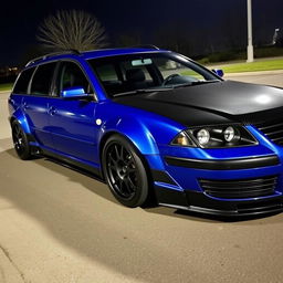 A blue 2001 VW Passat R36 wagon styled as a drift car, showcasing black fender flares, a striking drifting livery, and a carbon fiber hood