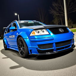 A blue 2001 VW Passat R36 wagon styled as a drift car, showcasing black fender flares, a striking drifting livery, and a carbon fiber hood