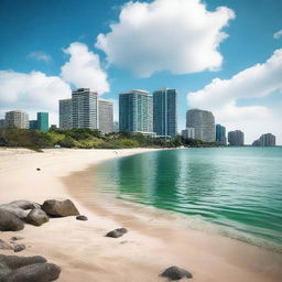 A high-resolution photo that merges a serene Jamaican beach coast where a river flows into the sea, with elements of modern Toronto architecture