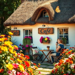 A charming floral cottage surrounded by vibrant blooming flowers, featuring a quaint mini cafe with a rustic wooden sign that reads 'Cafe'