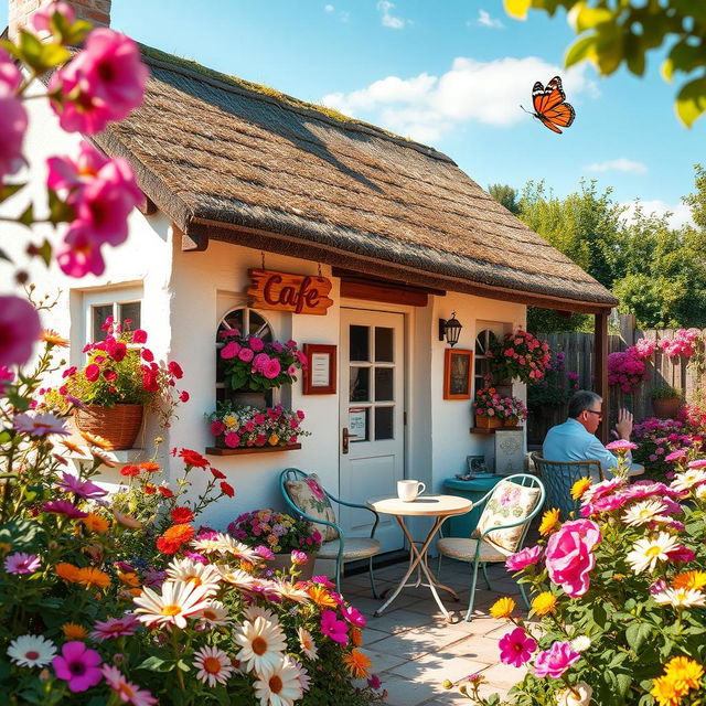 A charming floral cottage surrounded by vibrant blooming flowers, featuring a quaint mini cafe with a rustic wooden sign that reads 'Cafe'