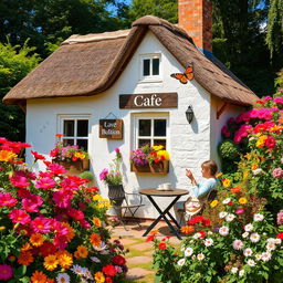 A charming floral cottage surrounded by vibrant blooming flowers, featuring a quaint mini cafe with a rustic wooden sign that reads 'Cafe'