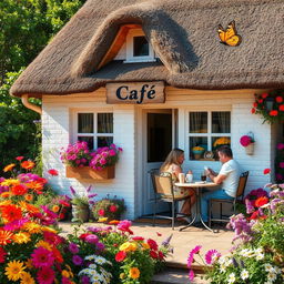A charming floral cottage surrounded by vibrant blooming flowers, featuring a quaint mini cafe with a rustic wooden sign that reads 'Cafe'