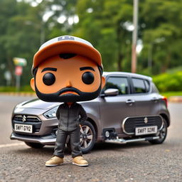 A Funko Pop figure representing a 30-year-old man with black hair, wearing a cap and sporting a beard