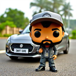 A Funko Pop figure representing a 30-year-old man with black hair, wearing a cap and sporting a beard