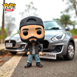 A Funko Pop figure representing a 30-year-old man with black hair, wearing a cap and sporting a beard