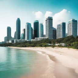 A high-resolution photo that merges a serene Jamaican beach coast where a river flows into the sea, with elements of modern Toronto architecture