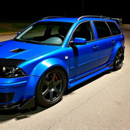 A blue 2001 VW Passat R36 wagon drift car, featuring striking black fender flares and an eye-catching drifting livery