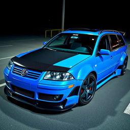 A blue 2001 VW Passat R36 wagon drift car, featuring striking black fender flares and an eye-catching drifting livery