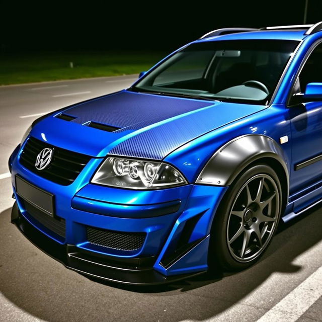A blue 2001 VW Passat R36 wagon drift car, featuring striking black fender flares and an eye-catching drifting livery