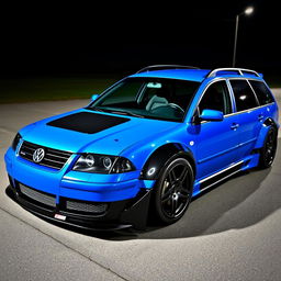 A blue 2001 VW Passat R36 wagon drift car, featuring striking black fender flares and an eye-catching drifting livery