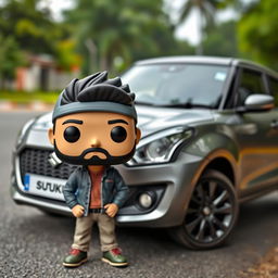 A Funko Pop figure depicting a 30-year-old man with black hair, wearing a cap and sporting a beard