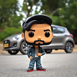 A Funko Pop figure depicting a 30-year-old man with black hair, wearing a cap and sporting a beard