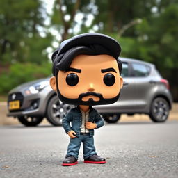 A Funko Pop figure depicting a 30-year-old man with black hair, wearing a cap and sporting a beard