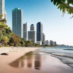 A high-resolution photo that merges a serene Jamaican beach coast where a river flows into the sea, with elements of modern Toronto architecture