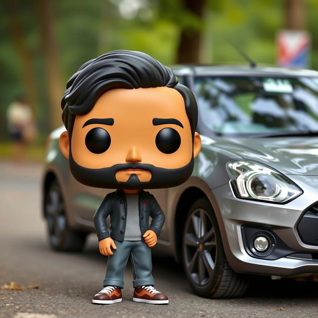 A Funko Pop figure depicting a 30-year-old man with black hair, wearing a cap and sporting a beard