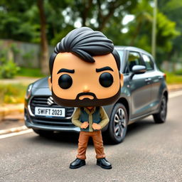 A Funko Pop figure depicting a 30-year-old man with black hair, wearing a cap and sporting a beard