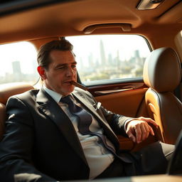 A wealthy man named Tom sits in the driver's seat of a luxurious car, clad in an elegant suit