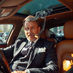 A wealthy man named Tom sits in the driver's seat of a luxurious car, clad in an elegant suit