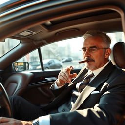 A wealthy man named Tom sits in the driver's seat of a luxurious car, clad in an elegant suit