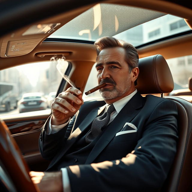 A wealthy man named Tom sits in the driver's seat of a luxurious car, clad in an elegant suit