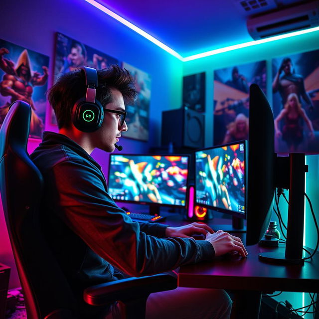 A dynamic and vibrant gamer scene featuring a stylish young man with headphones, intensely focused on his computer setup with multiple monitors displaying an action-packed video game