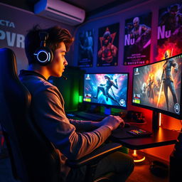 A dynamic and vibrant gamer scene featuring a stylish young man with headphones, intensely focused on his computer setup with multiple monitors displaying an action-packed video game