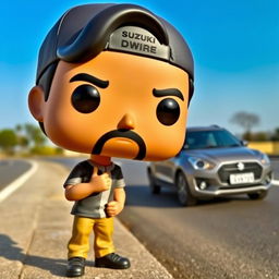 A Funko Pop style figure of a 30-year-old man with black hair, wearing a cap, interacting with a grey 2023 Suzuki Swift Dzire parked on the side of the road