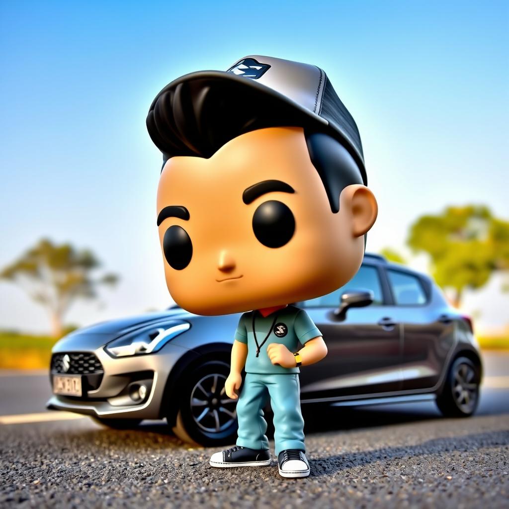 A Funko Pop style figure of a 30-year-old man with black hair, wearing a cap, interacting with a grey 2023 Suzuki Swift Dzire parked on the side of the road