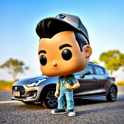 A Funko Pop style figure of a 30-year-old man with black hair, wearing a cap, interacting with a grey 2023 Suzuki Swift Dzire parked on the side of the road