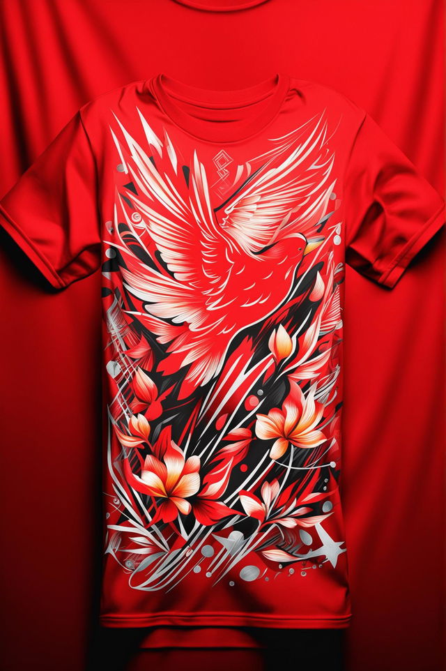 A high-quality digital art of a red graphic t-shirt featuring a white design of birds of paradise