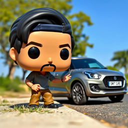 A Funko Pop style figure of a 30-year-old man with black hair, wearing a cap, interacting with a grey 2023 Suzuki Swift Dzire parked on the side of the road