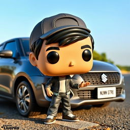 A Funko Pop style figure of a 30-year-old man with black hair, wearing a cap, interacting with a grey 2023 Suzuki Swift Dzire parked on the side of the road