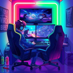 A vibrant illustration of a gamer sitting at a high-tech gaming setup, surrounded by colorful LED lights