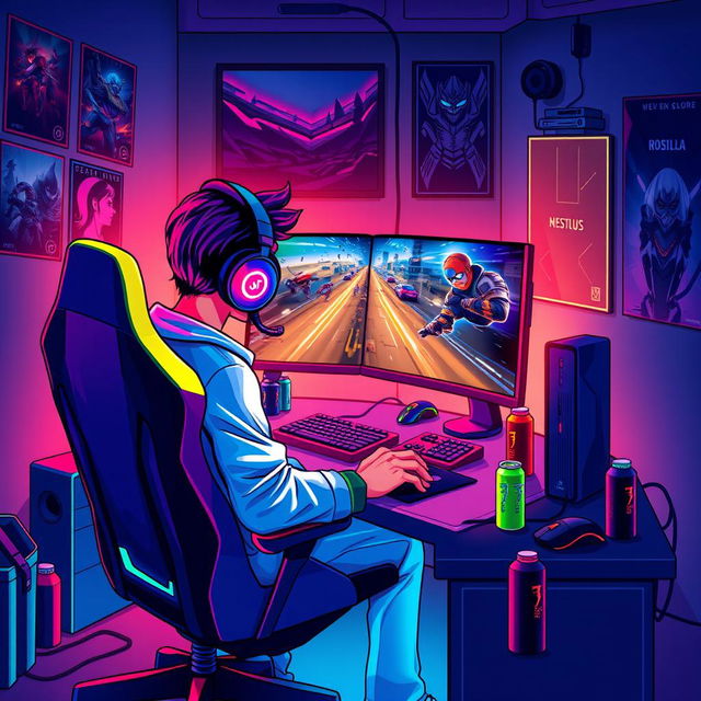 A vibrant illustration of a gamer sitting at a high-tech gaming setup, surrounded by colorful LED lights