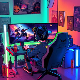A vibrant illustration of a gamer sitting at a high-tech gaming setup, surrounded by colorful LED lights