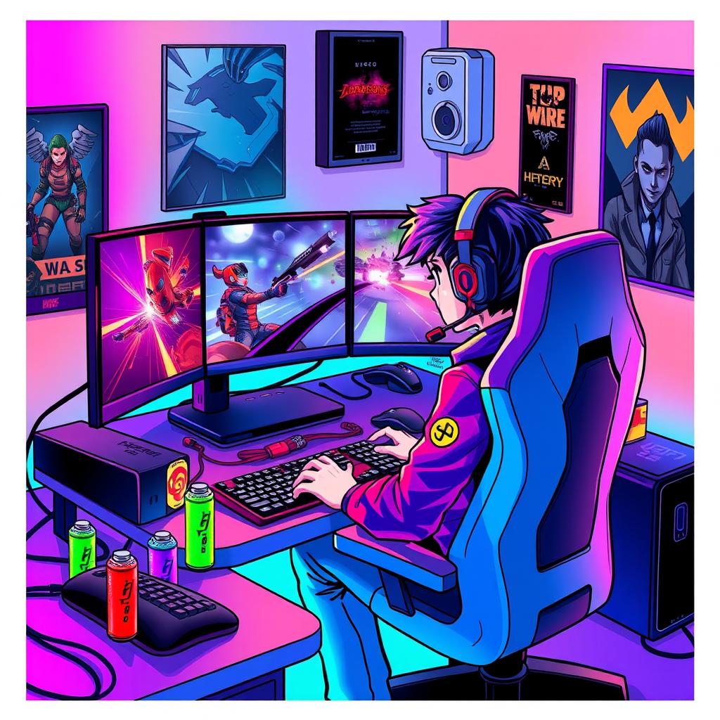 A vibrant illustration of a gamer sitting at a high-tech gaming setup, surrounded by colorful LED lights