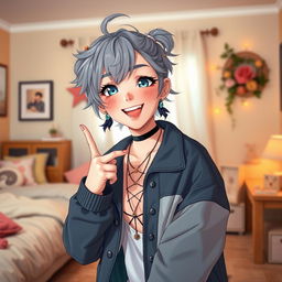A cute femboy with playful features, styled hair, and stylish clothing, depicted in a flirtatious pose, emphasizing a light-hearted and playful atmosphere