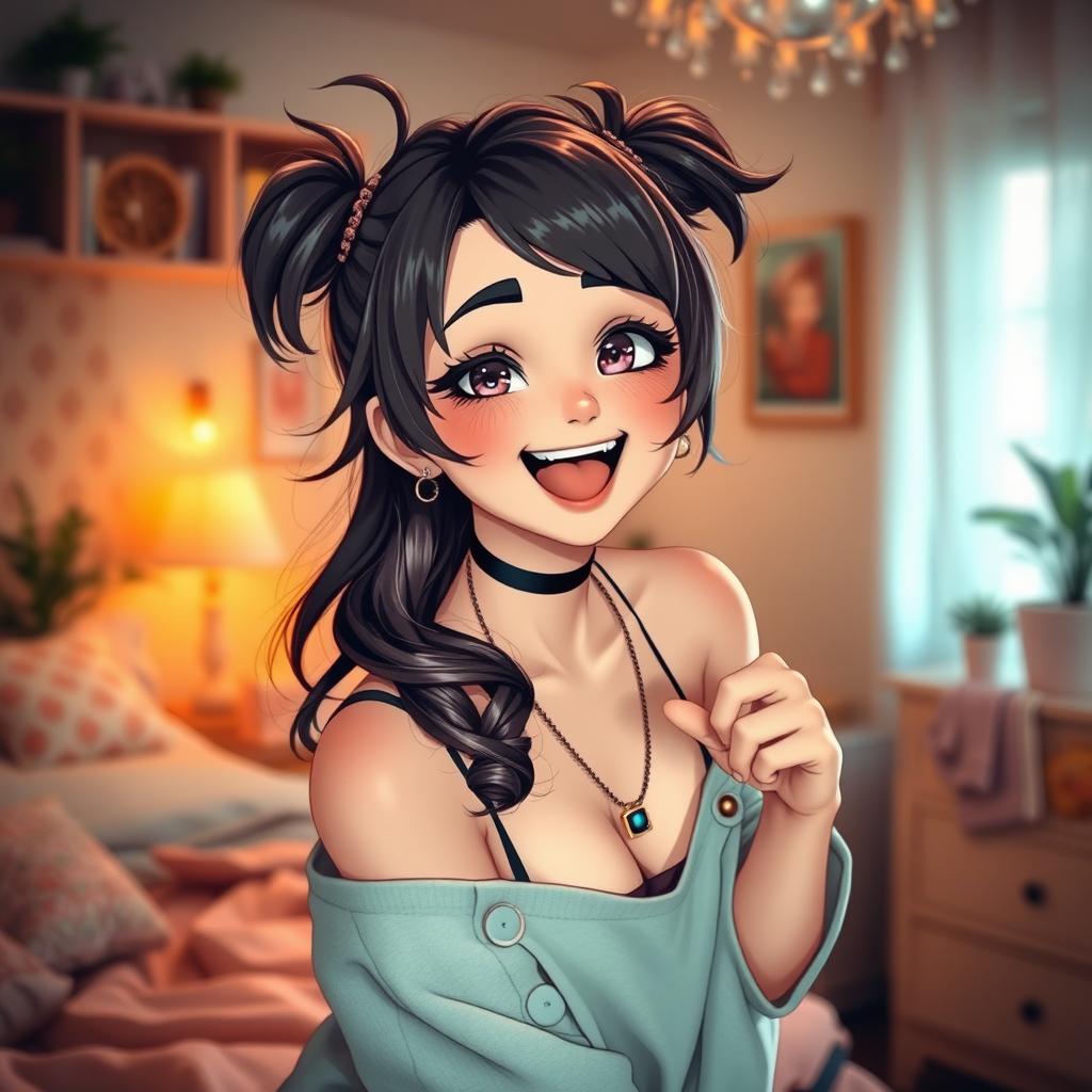 A cute femboy with playful features, styled hair, and stylish clothing, depicted in a flirtatious pose, emphasizing a light-hearted and playful atmosphere