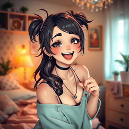 A cute femboy with playful features, styled hair, and stylish clothing, depicted in a flirtatious pose, emphasizing a light-hearted and playful atmosphere